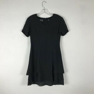 Vintage 90s Dress Size 6P Black Polka Dot Polyester Short Sleeve Layered Womens